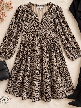 She + Sky Leopard Velvet Tiered Dress Gold Medium